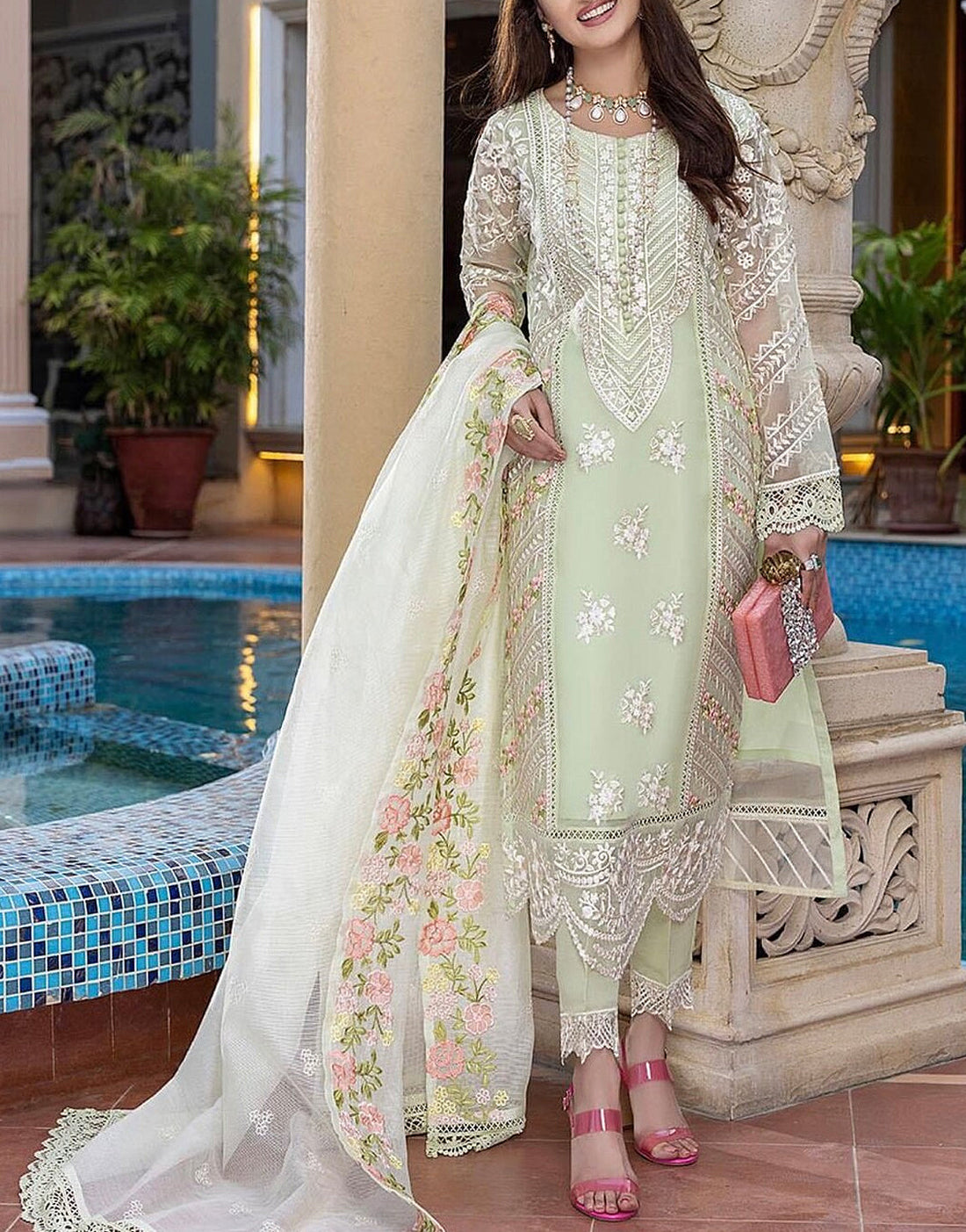 Heavy Embroidered Organza Party Wear Dress
