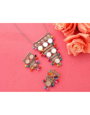 Antique Mirror Work Silver Necklace Set