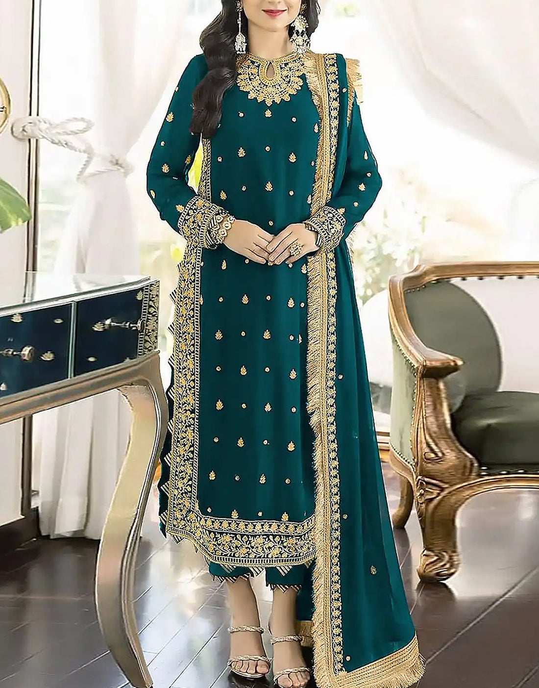 Stylish Heavy Embroidered Black Chiffon Dress for Party Events