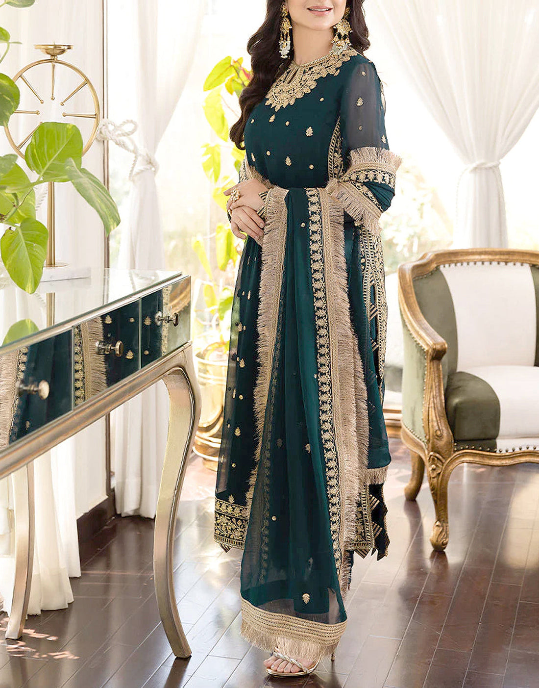 Stylish Heavy Embroidered Zinc Color Chiffon Dress for Party Events