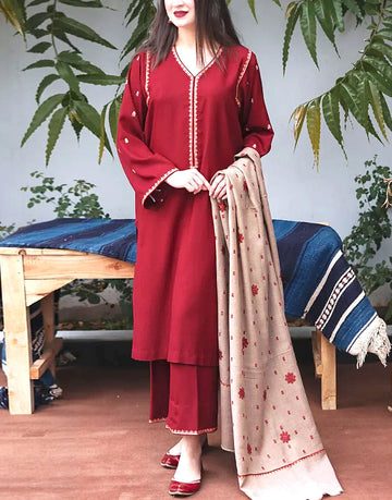 Decent Embroidered Dhanak Dress with Dhanak Shawl Dupatta