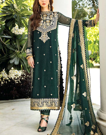 Graceful Embroidered Emerald Green Mehndi Chiffon Dress – Festive & Wedding Wear