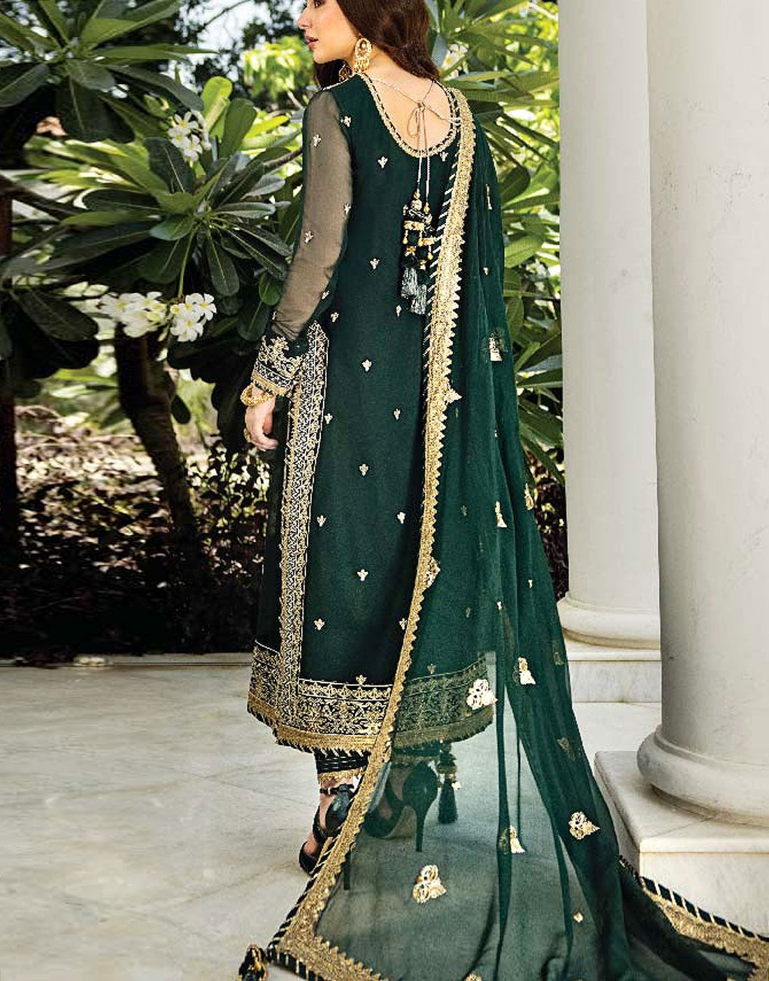 Graceful Embroidered Emerald Green Mehndi Chiffon Dress – Festive & Wedding Wear