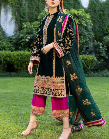 High Fashion Embroidered Bottle Green Velvet Dress with Embroidered Organza Dupatta
