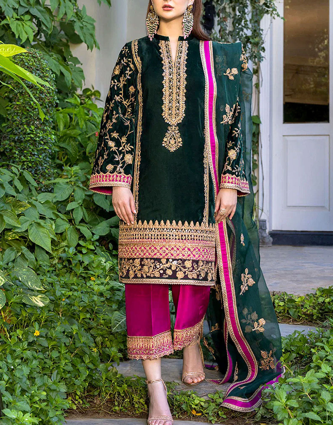 High Fashion Embroidered Bottle Green Velvet Dress with Embroidered Organza Dupatta