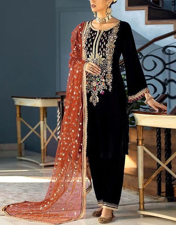 Glamorous Handwork & Heavy Embroidered Black Velvet Wedding Dress