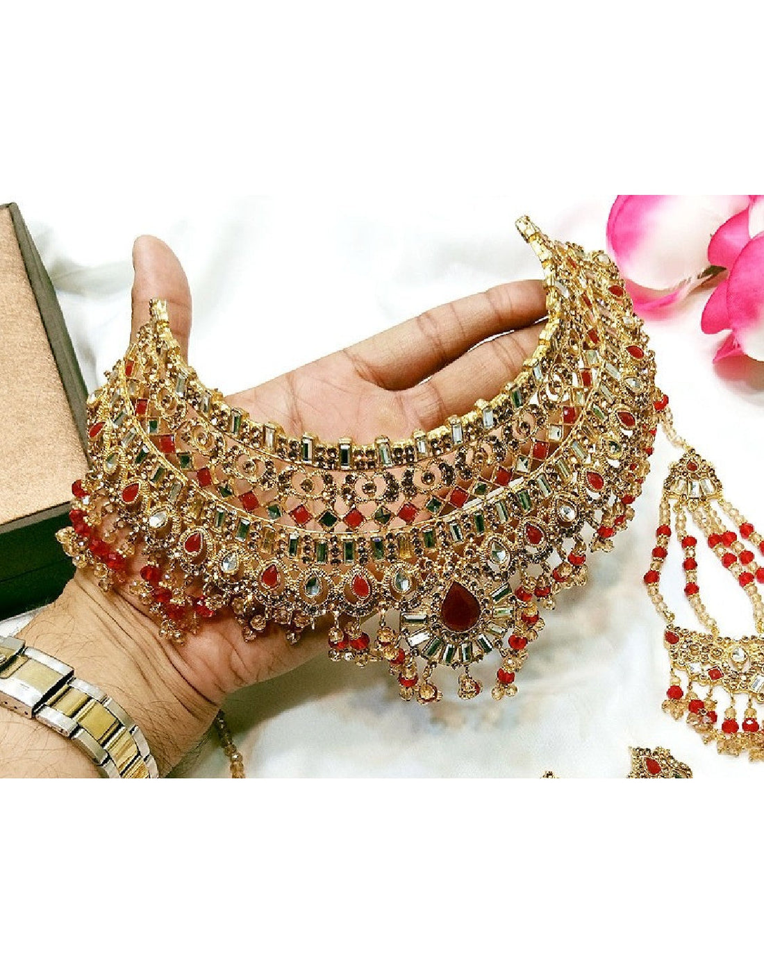 Bridal Collar Choker Necklace Set with Earrings, Jhumar and Maang Teeka