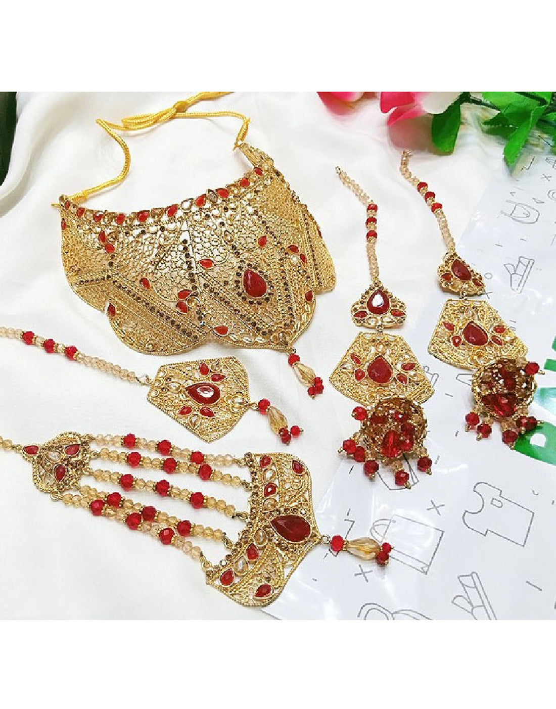 Bridal Collar Choker Jewellery Set with Earrings, Jhumar and Maang Teeka