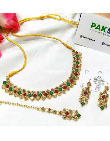 Multicolor Stone Necklace Jewelry Set with Earrings & Tikka