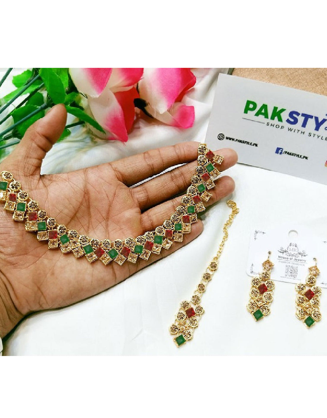 Multicolor Stone Necklace Jewelry Set with Earrings & Tikka