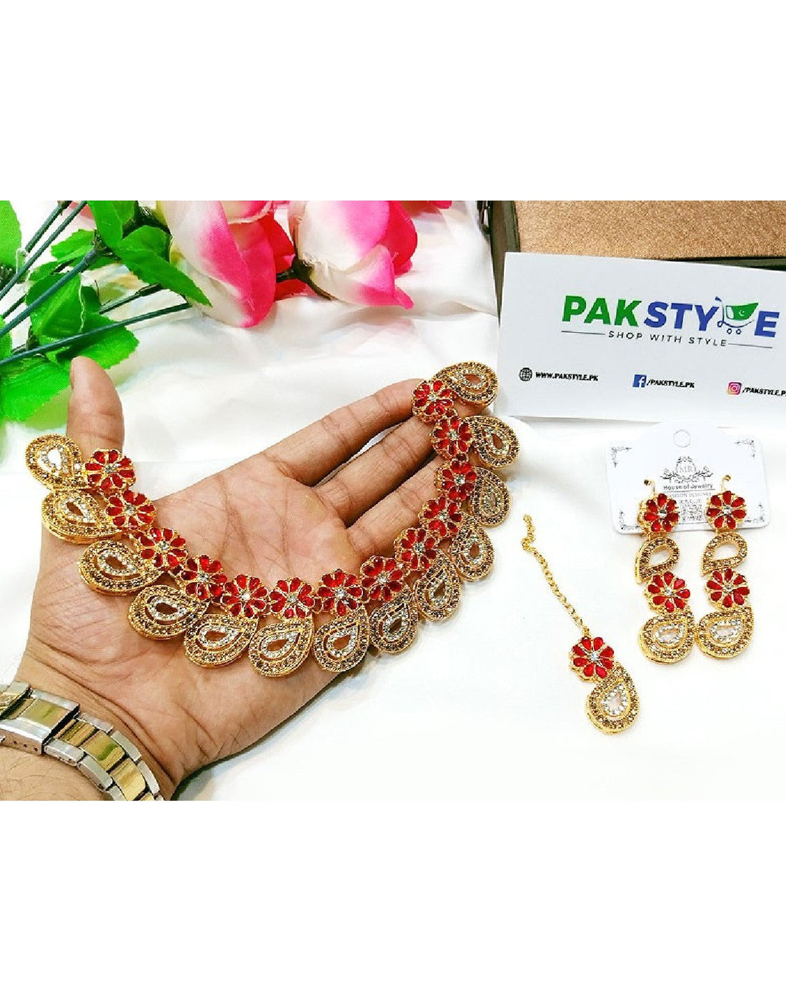 Indian Style Zircon Studded Party Wear Jewellery Set with Earrings & Tikka