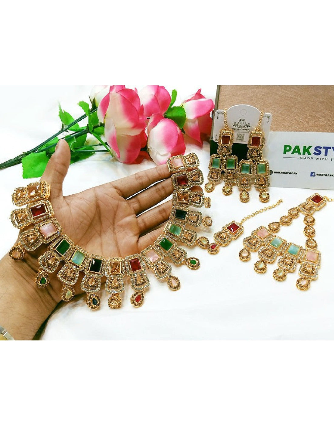 Multicolor Stones & Zircon Studded Bridal Jewellery Set with Earrings, Jhumar & Teeka