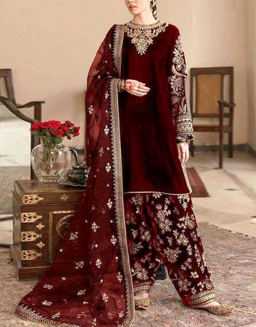 Luxury Embroidered Maroon Velvet Wedding Wear Dress