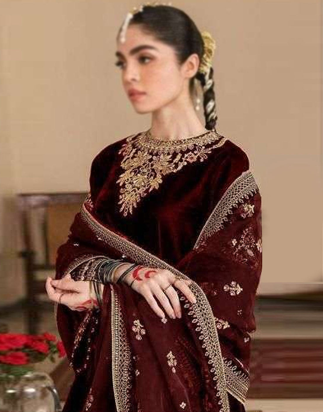 Luxury Embroidered Maroon Velvet Wedding Wear Dress