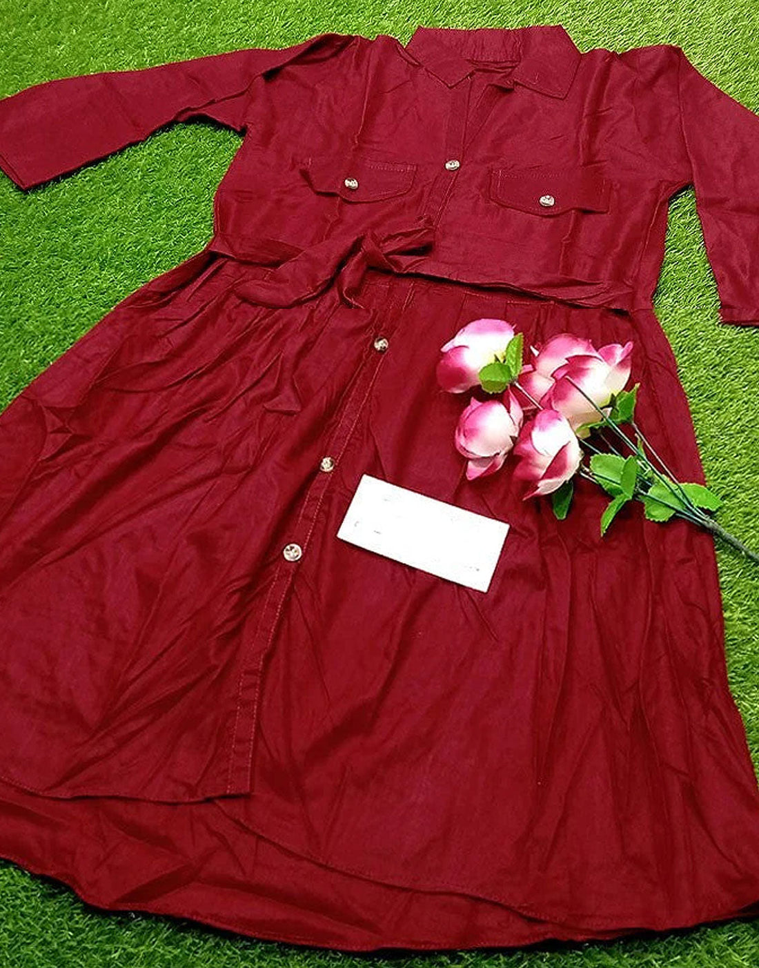 Readymade Linen Shirt for Girls - Maroon
