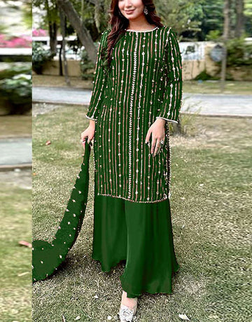 Heavy Embroidered with Pearl Work Chiffon Party Wear Dress with Embroidered Chiffon Dupatta