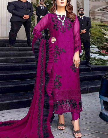 Heavy Embroidered Magenta Chiffon Party Wear Dress