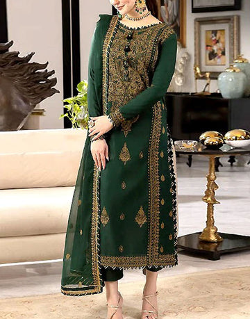 Premium Heavy Embroidered Bottle Green Chiffon Dress - Ideal for Mehndi Function