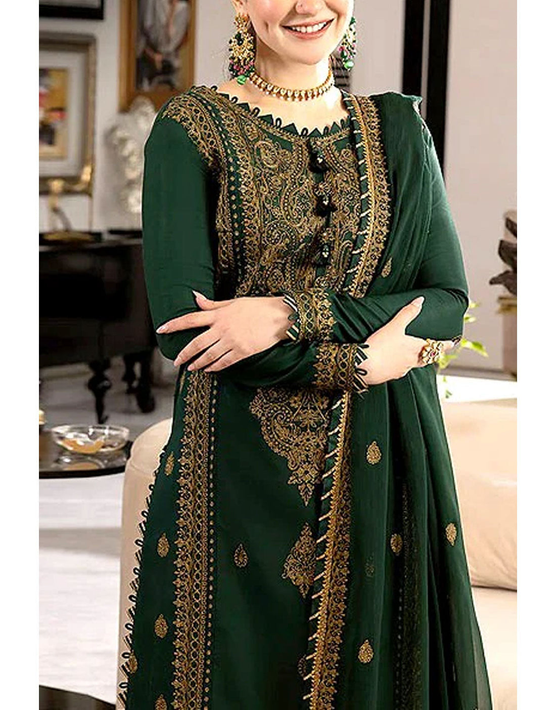 Premium Heavy Embroidered Bottle Green Chiffon Dress - Ideal for Mehndi Function