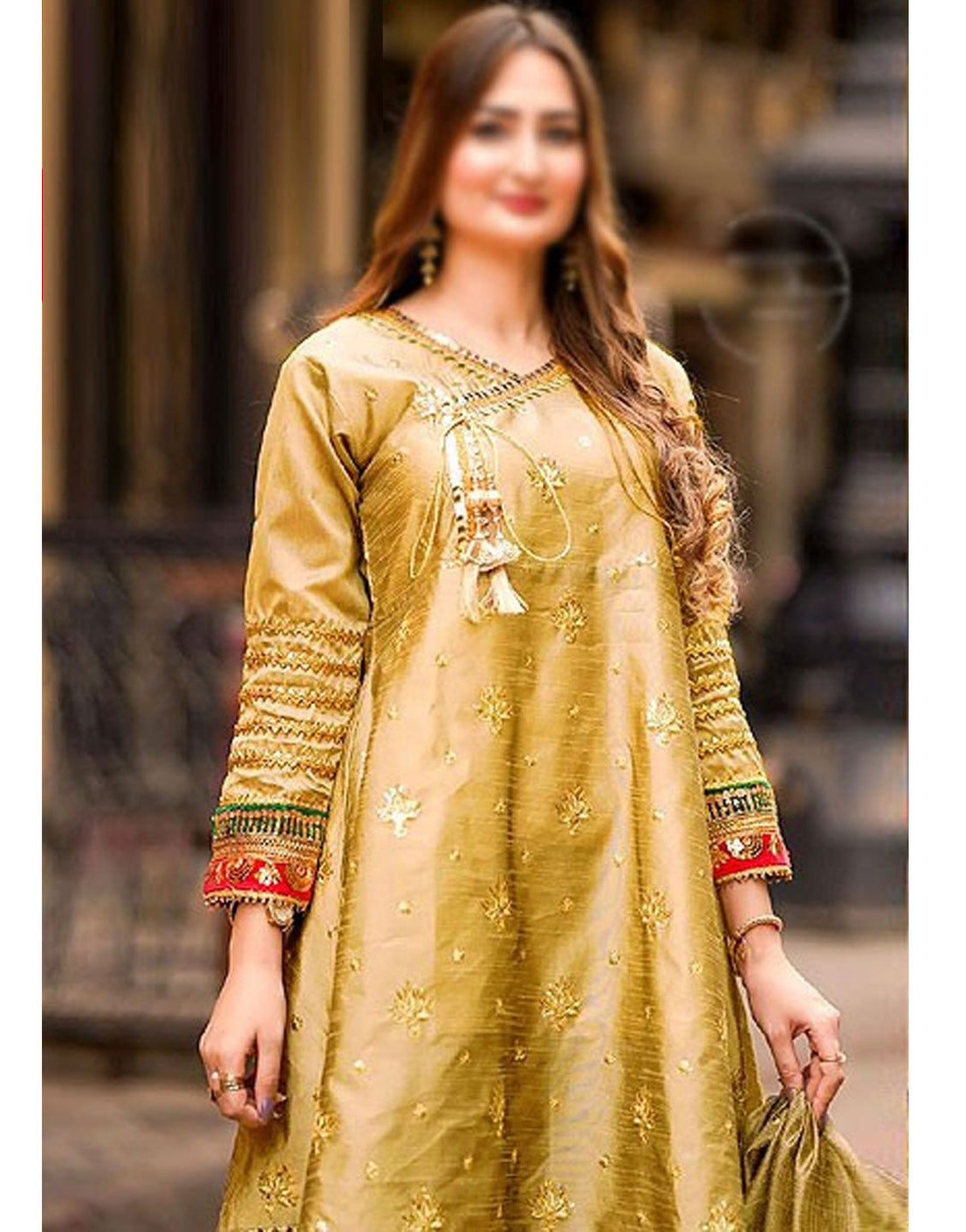 Ready-to-Wear Angrakha Style Embroidered Raw Silk Party Wear Dress