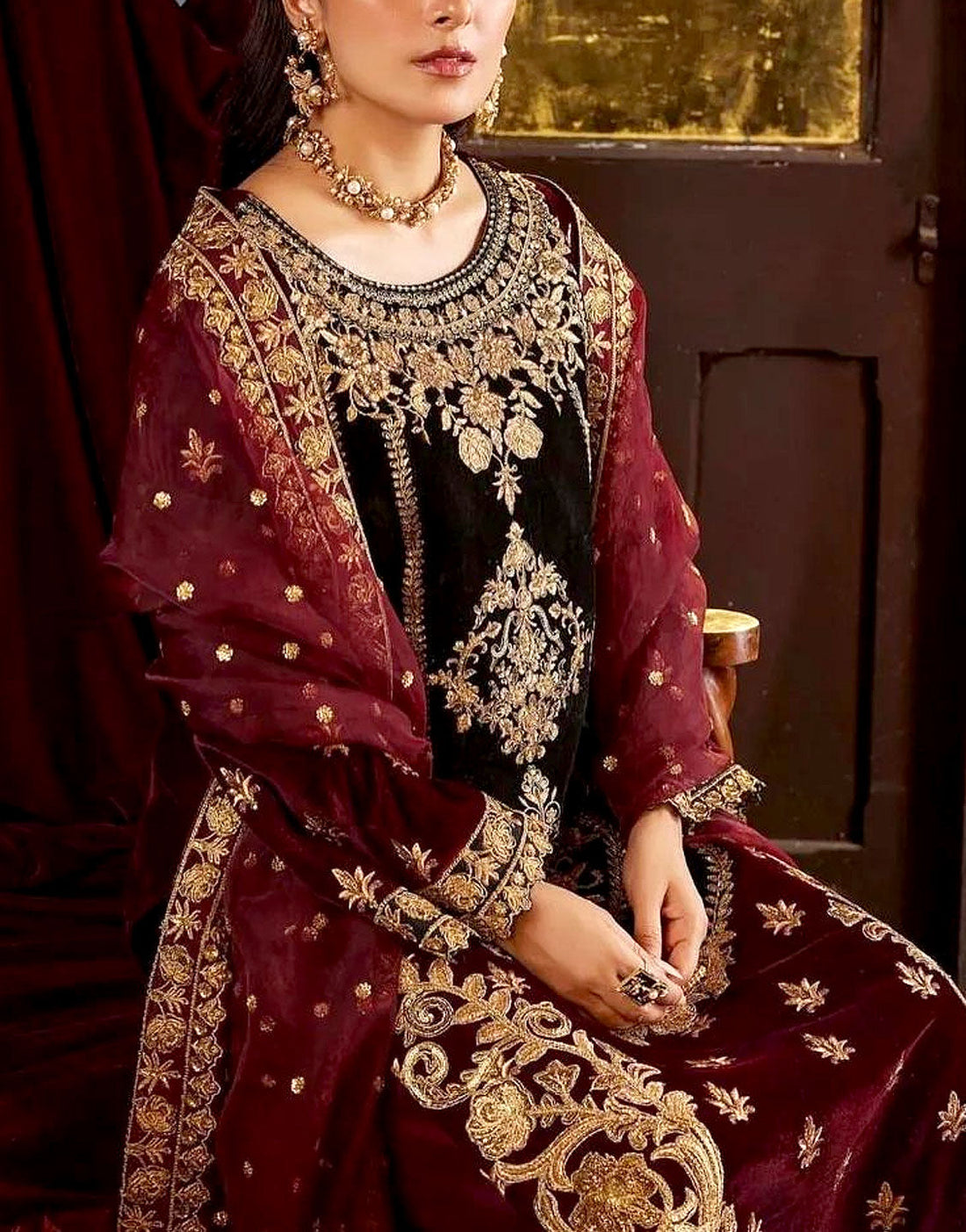 Glamorous Heavy Embroidered Velvet Wedding Dress Design