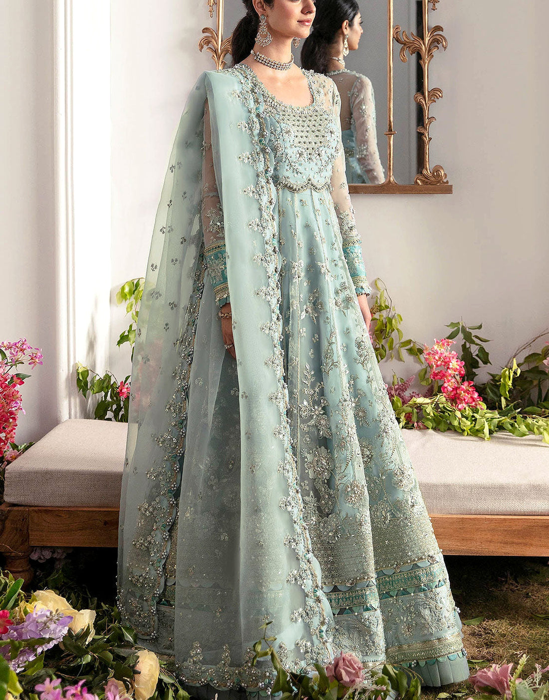 Luxurios Heavy Handwork Embroidered Organza Bridal Maxi Dress