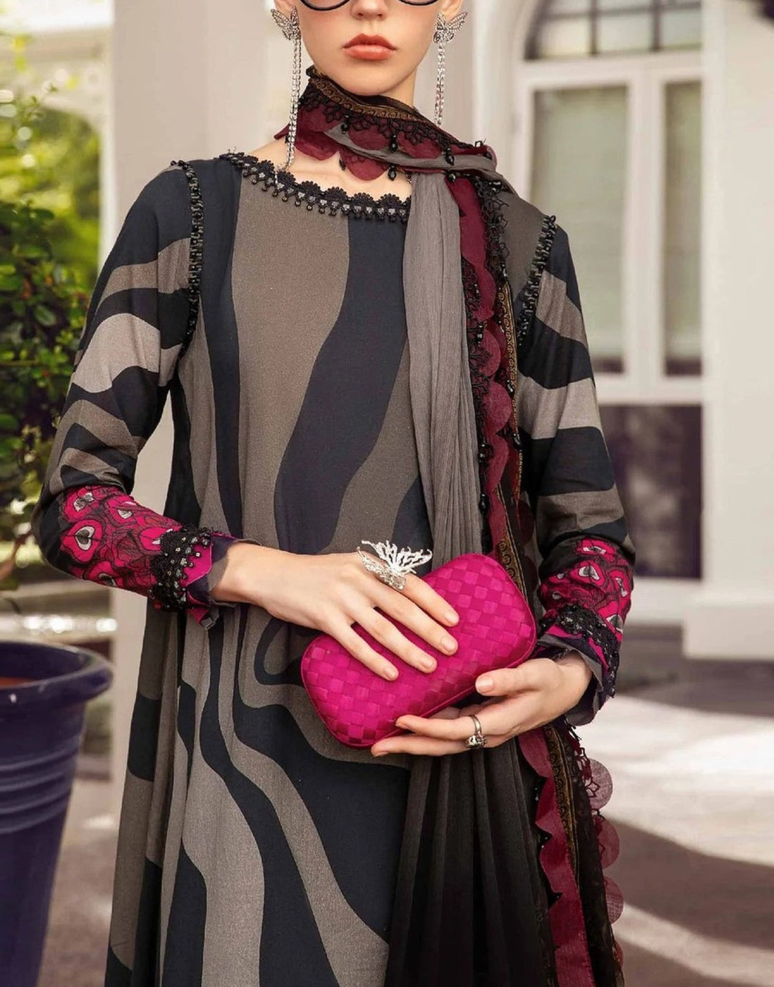 Digital Print Embroidered Swiss Lawn Dress with Silk Dupatta