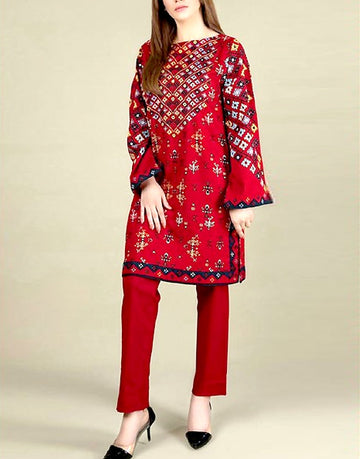 Elegant 2-Piece Embroidered Red Lawn Dress
