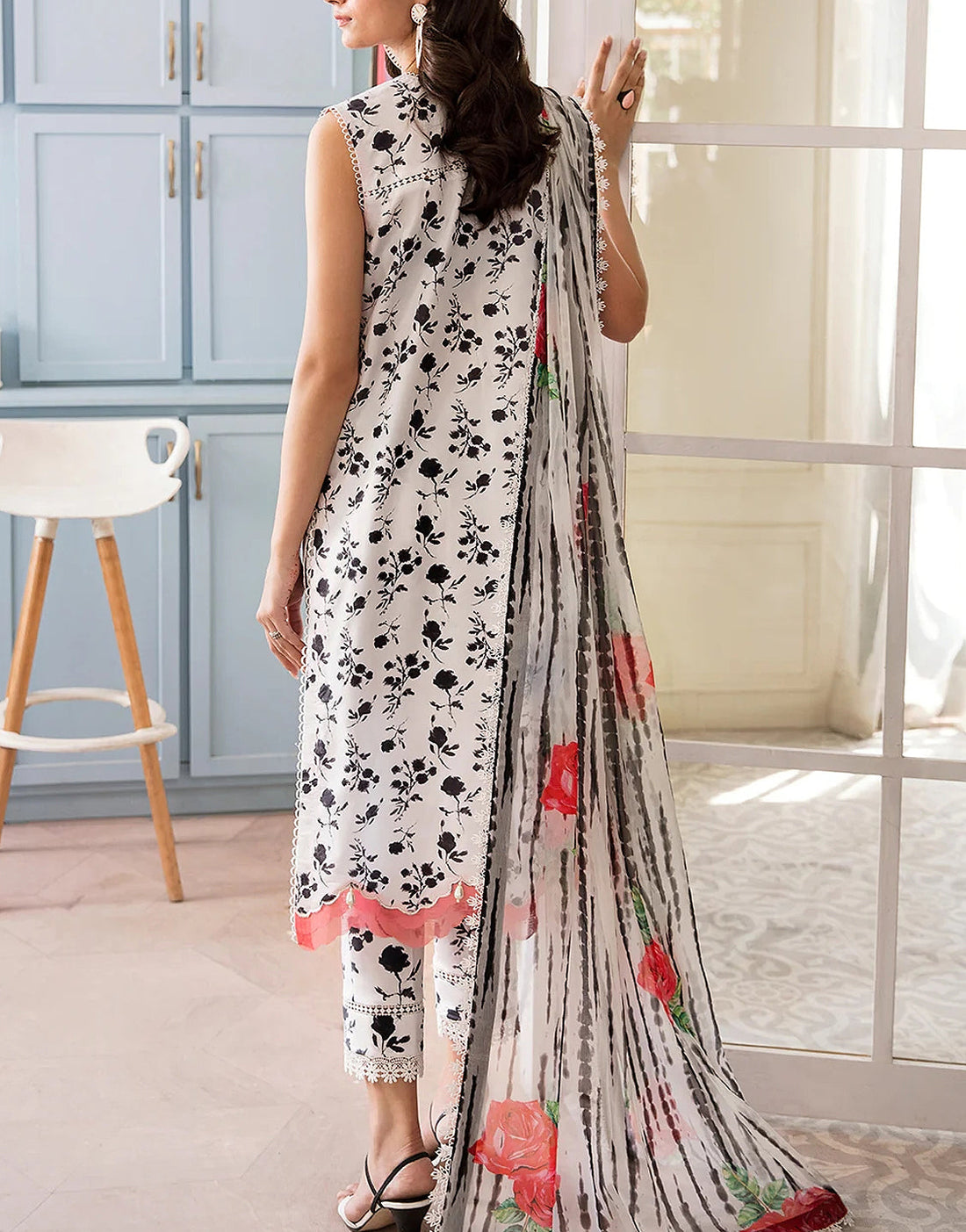 All-Over Print White Embroidered Lawn Dress with Digital Print Silk Dupatta