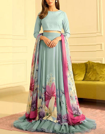 Digital Floral Print Silk Maxi Dress with Printed Silk Dupatta