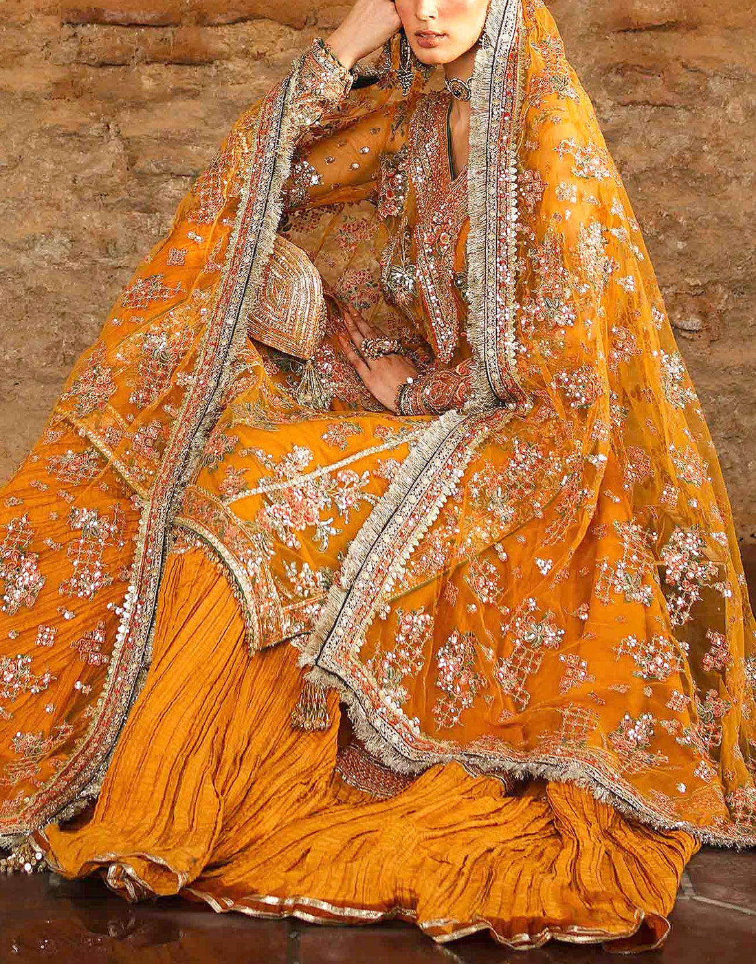 Luxury Handwork Embroidered Net Wedding Dress with Crushed Silk Gharara