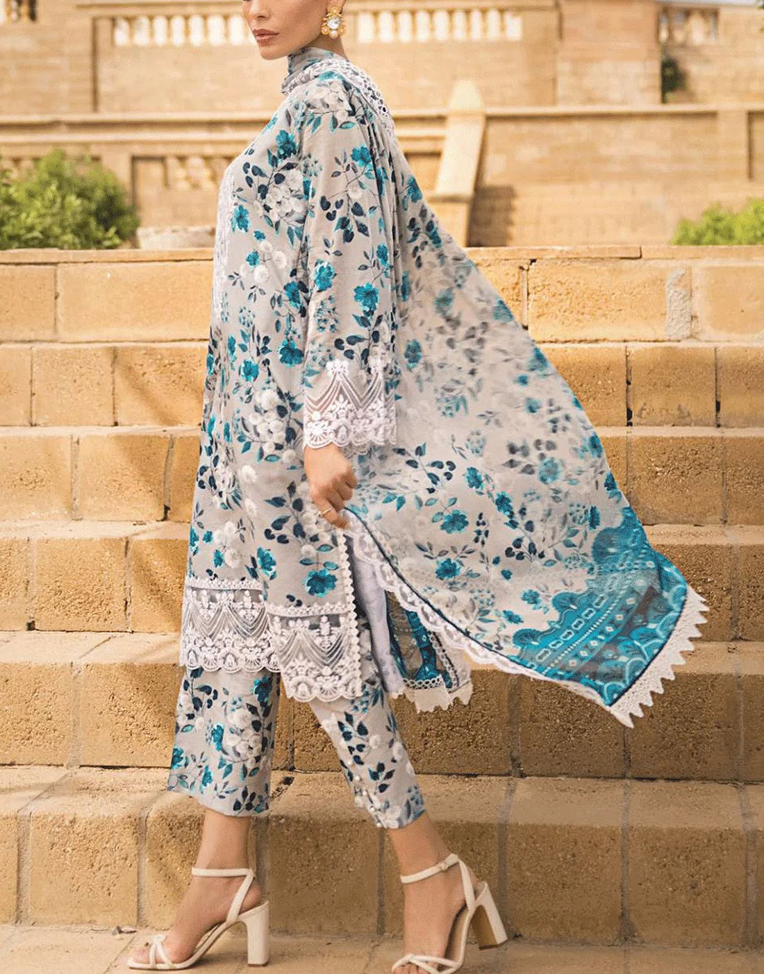 Digital Print Embroidered Swiss Lawn Dress with Organza Dupatta