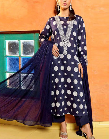 SALE - Polka-Dot Print Embroidered Lawn Dress with Chiffon Dupatta