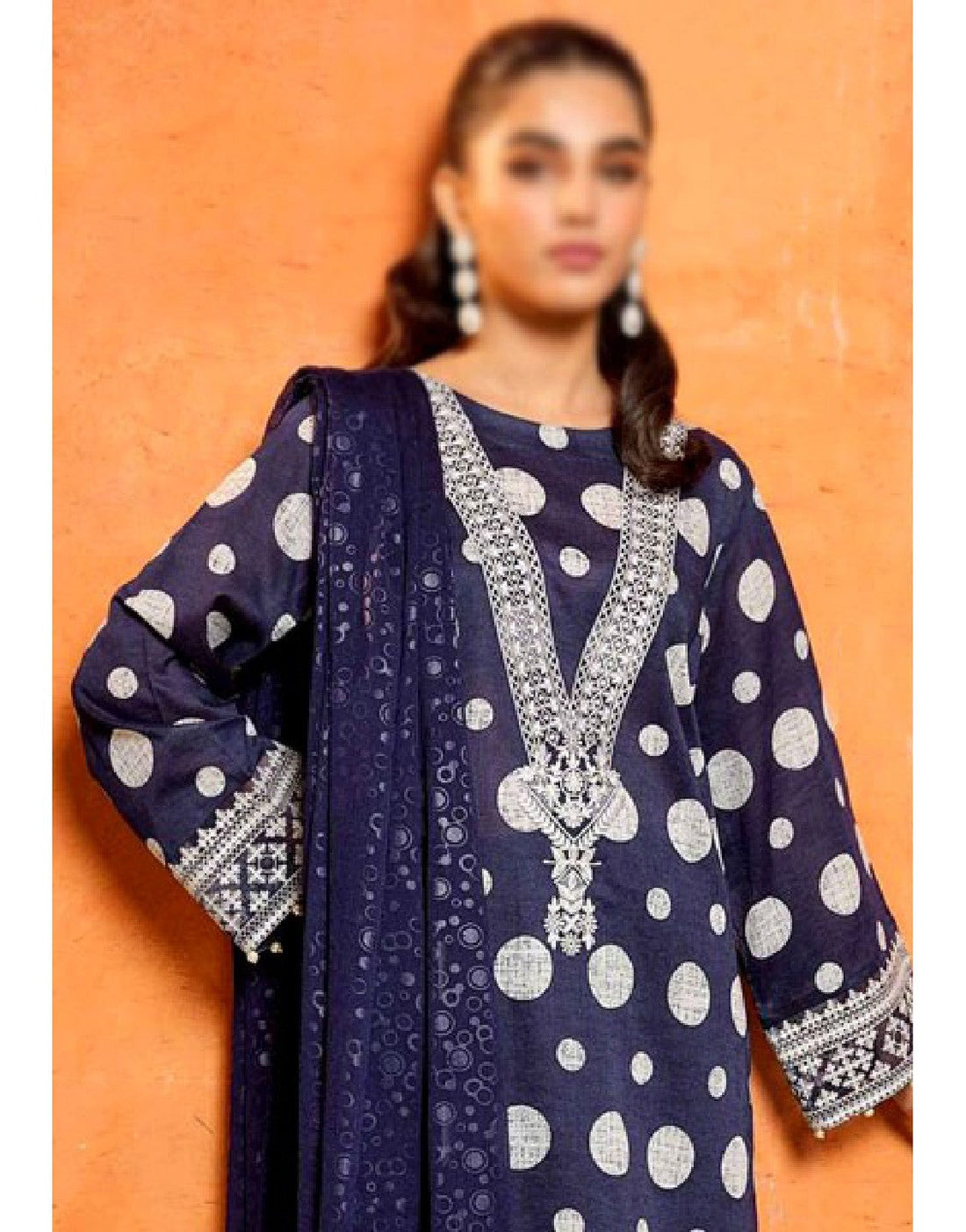 SALE - Polka-Dot Print Embroidered Lawn Dress with Chiffon Dupatta