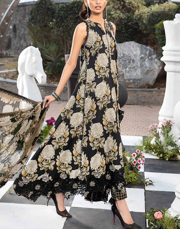 Digital Floral Print Embroidered Lawn Dress with Chiffon Dupatta