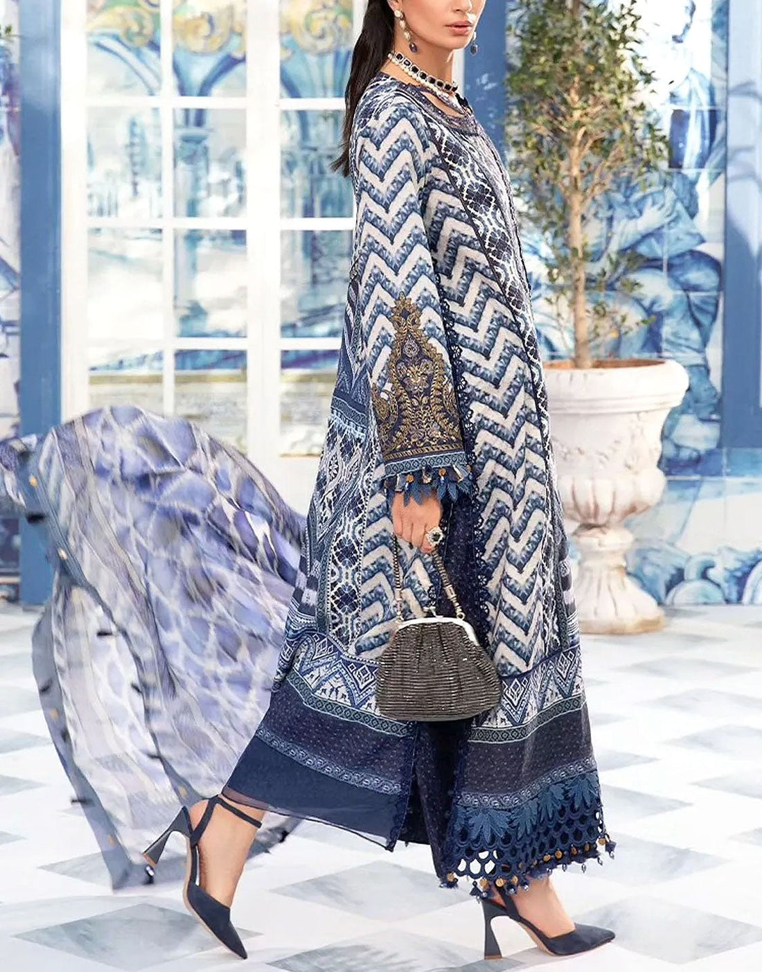 All-Over Print Embroidered Lawn Suit With Chiffon Dupatta