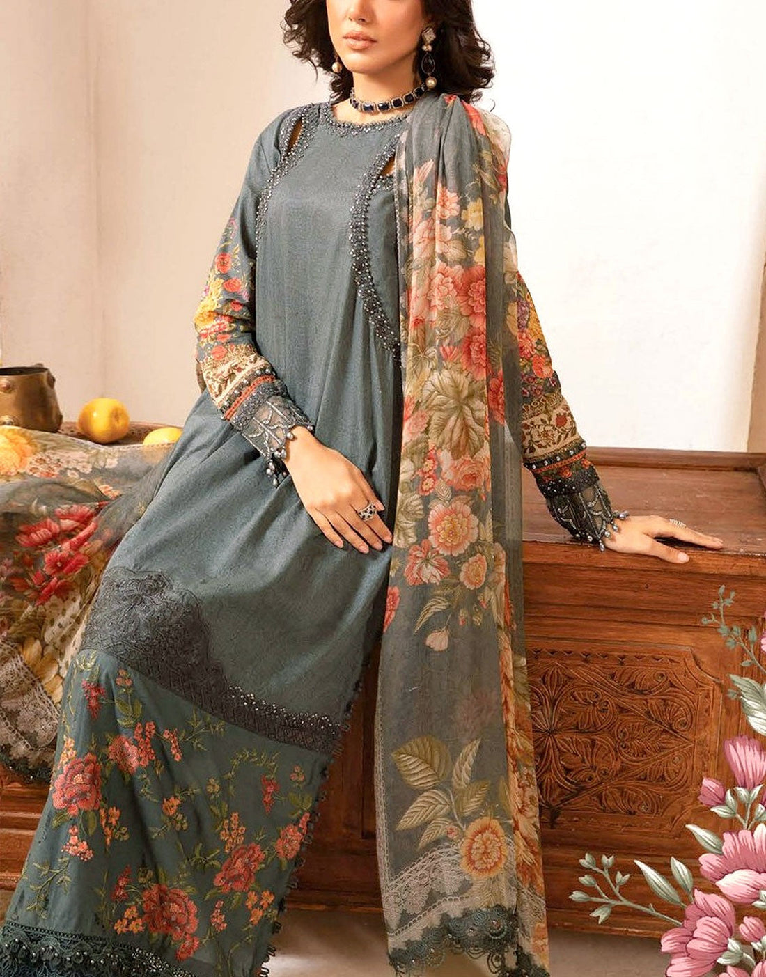 SALE - Luxury Embroidered Lawn Dress with Chiffon Dupatta