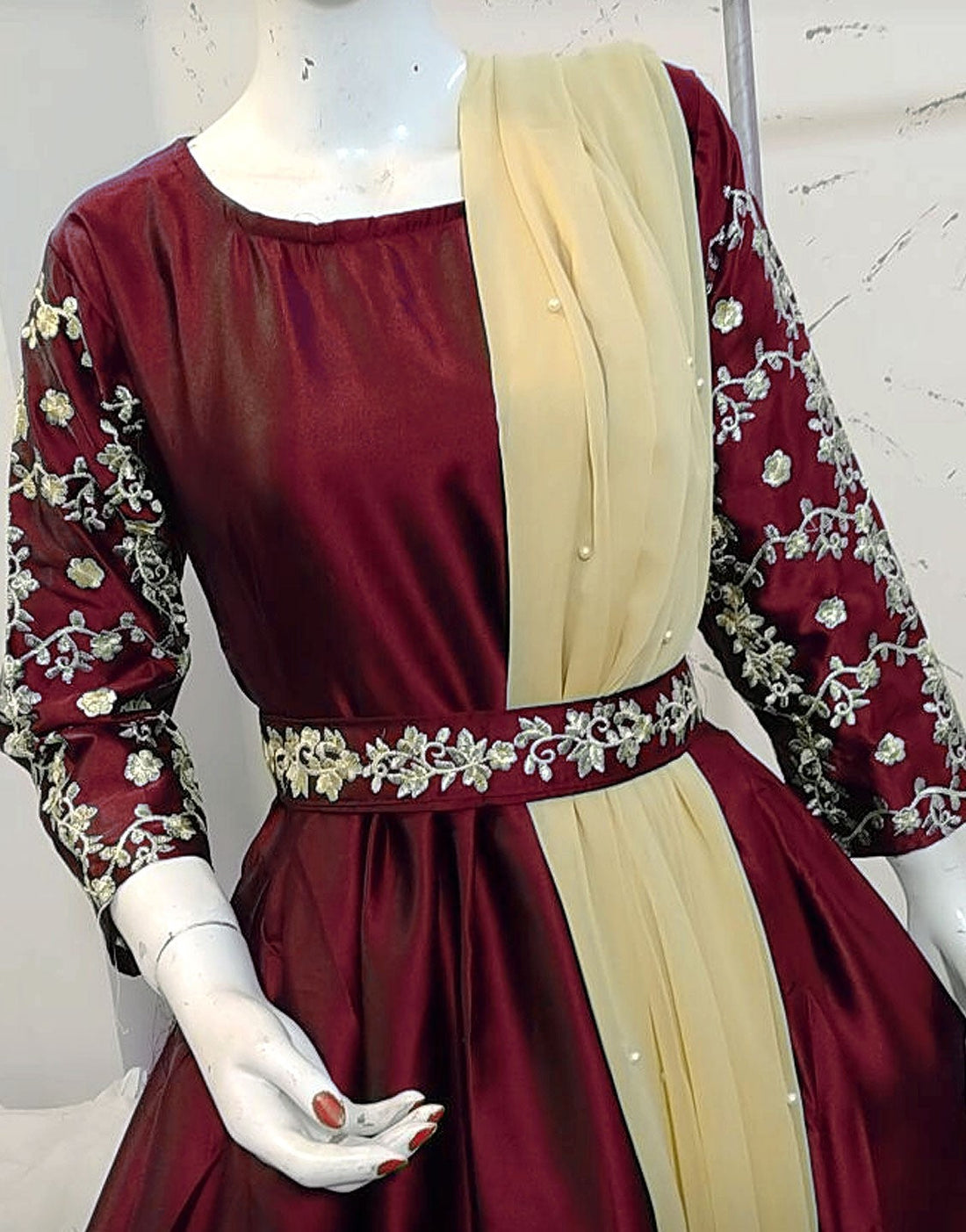 Readymade Embroidered Shamoz Silk Maxi with Net Dupatta