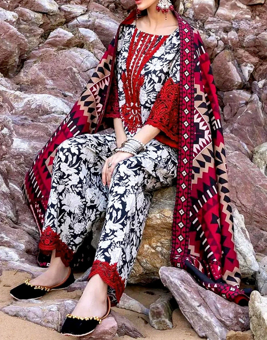 All-Over Digital Print Embroidered Lawn Dress with Lawn Dupatta