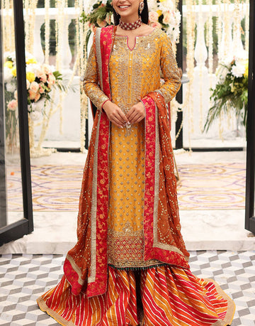 Aisha Imran Formal Raw Silk Mehndi Dress | BANO AIBFW22-1