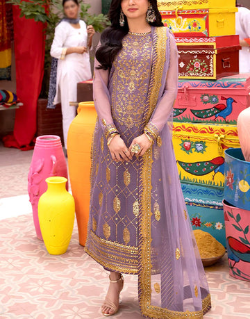 Heavy Embroidered Net Party Wear Dress with Silk Trouser