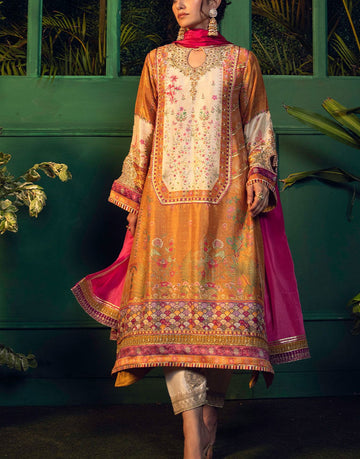 Farah Talib Aziz Roshan Printed Raw Silk Dress | FTA-FSP22-12