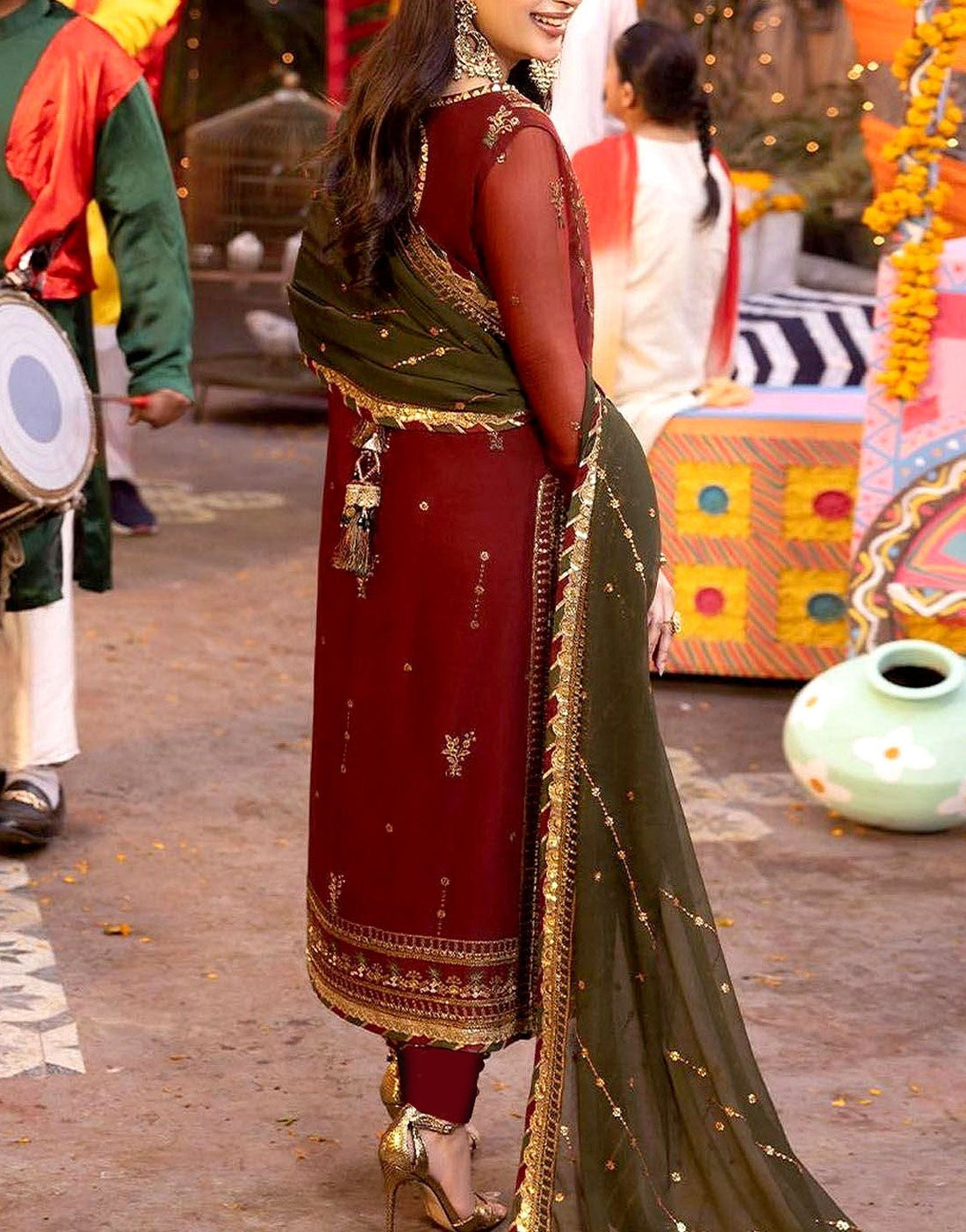 Adorable Embroidered Maroon Chiffon Dress - Perfect for Mehndi & Wedding Functions