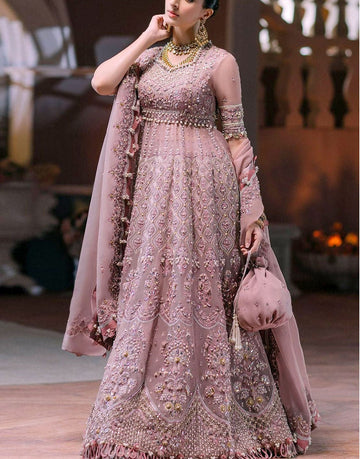 Intricate Embellished & Embroidered Mauve Organza Maxi Dress with 12 Kali Style