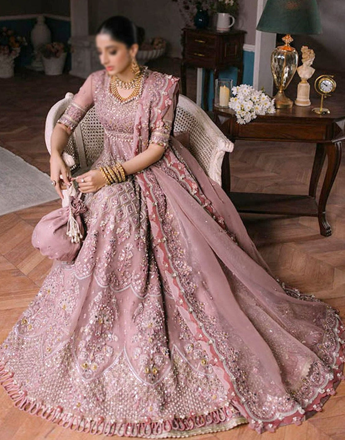 Intricate Embellished & Embroidered Mauve Organza Maxi Dress with 12 Kali Style