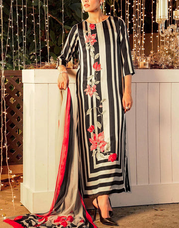 Digital Print Embroidered Silk Dress with Silk Dupatta