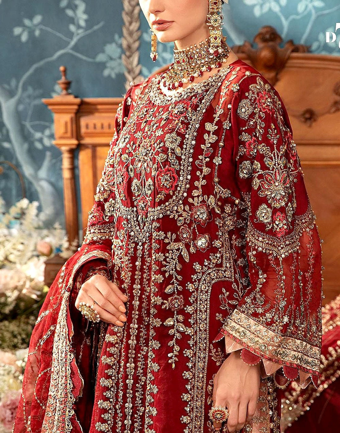 Glamorous Embroidered Organza Red Bridal Dress with Rich Embellishments