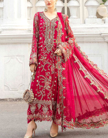Luxury Embroidered Fluorescent Magenta Chiffon Wedding Dress with Heavily Embellished Neckline