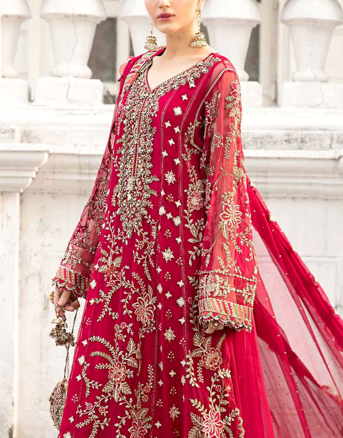 Luxury Embroidered Fluorescent Magenta Chiffon Wedding Dress with Heavily Embellished Neckline