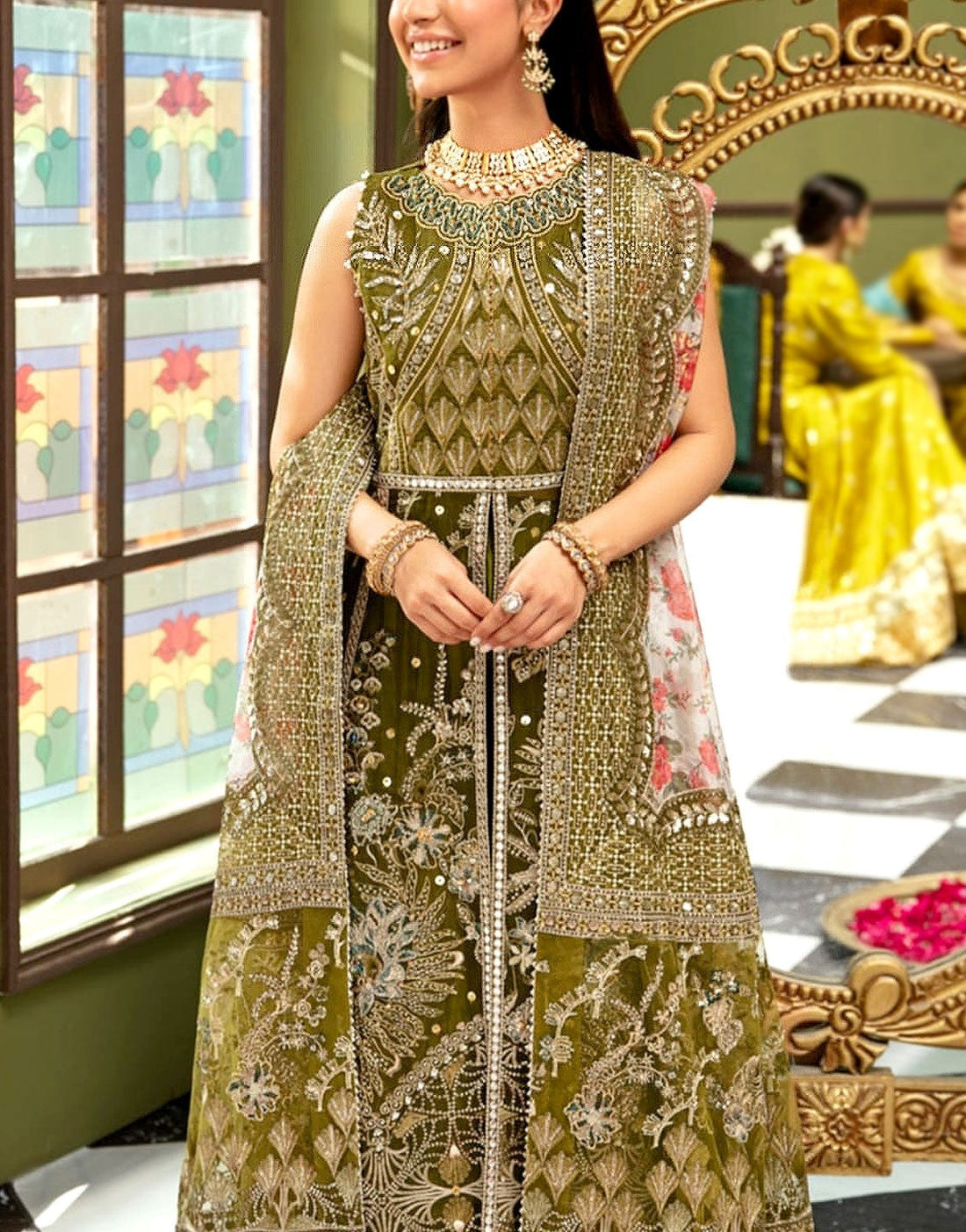Luxurious Heavy Embroidered Organza Bridal Mehndi Dress